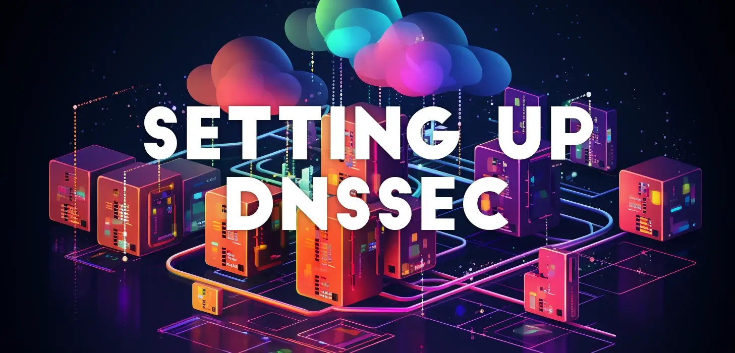 Setting up DNSSEC. Colorful illustration of servers interconnected to the cloud.