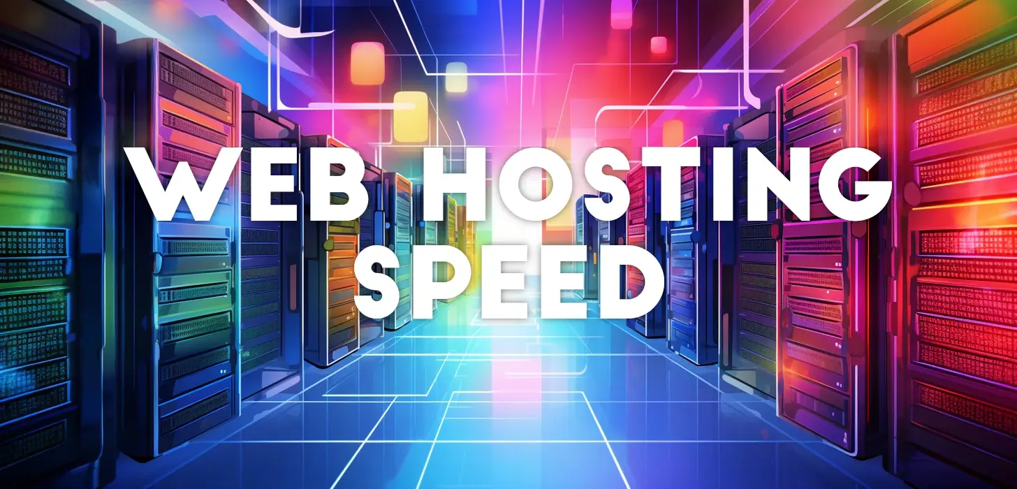 Web hosting speed. Colorful illustration with server racks in a datacenter.
