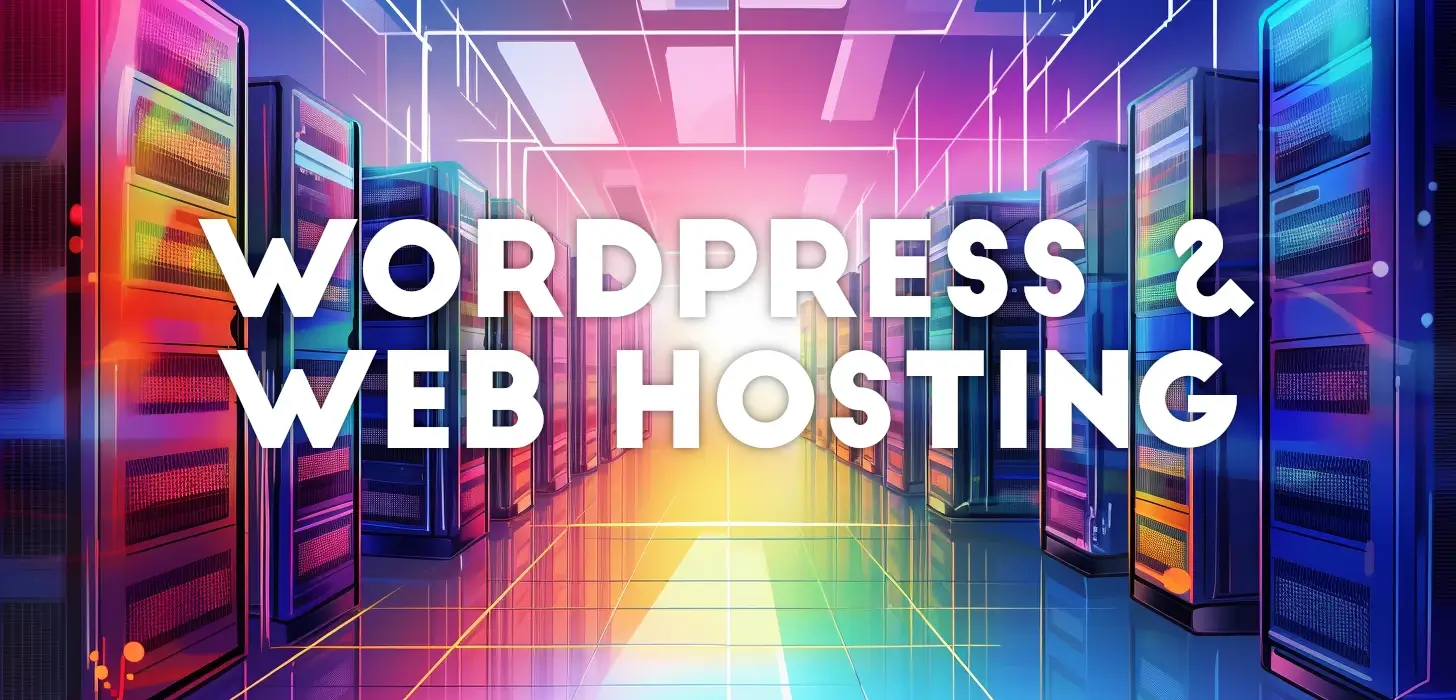 Website hosting speed and wordpress. Colorful illustration of server racks in a datacenter.
