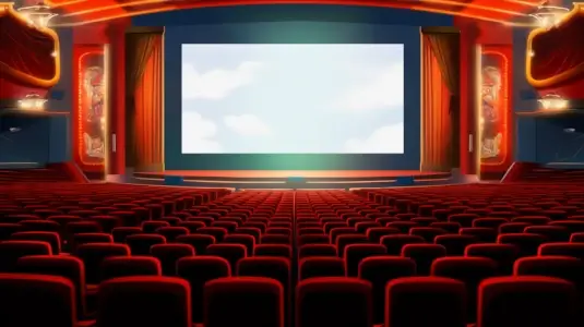 Colorful illustration of a movie theater. The entertainment industry can benefit from custom web crawler development.