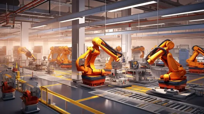 Colorful illustration of a robotic factory.