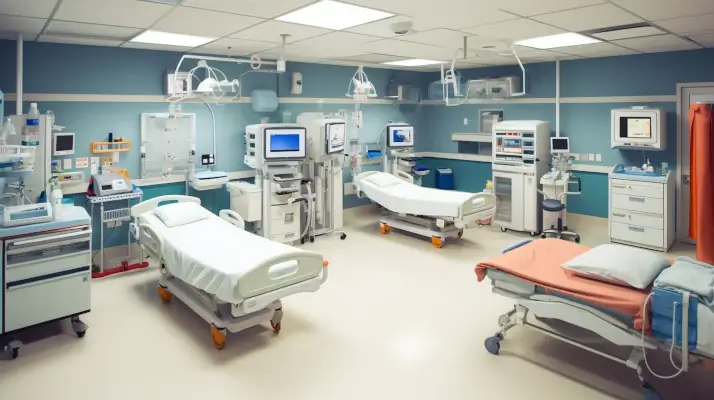 Colorful illustration of a hospital emergency room with hospital beds and equipment.