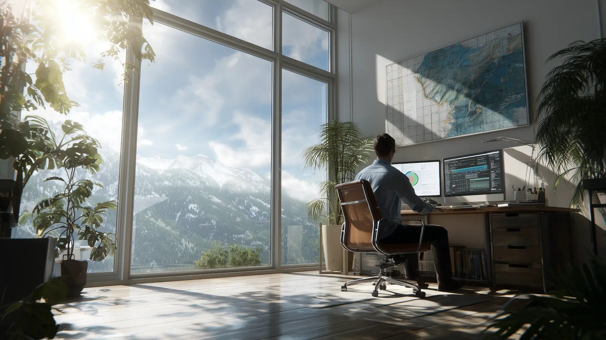 Colorful illustration of a data analyst working in an office with large windows and mountains in the background and lots of sunlight shining through.