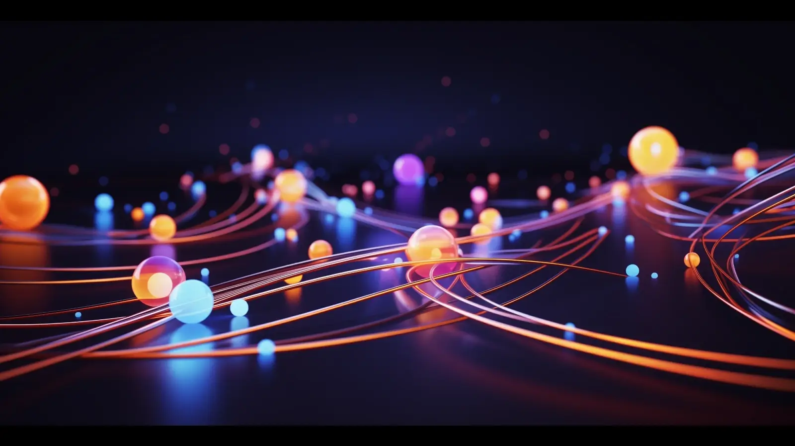 Colorful illustration of lines with balls of light on them illustrating a DNS network.
