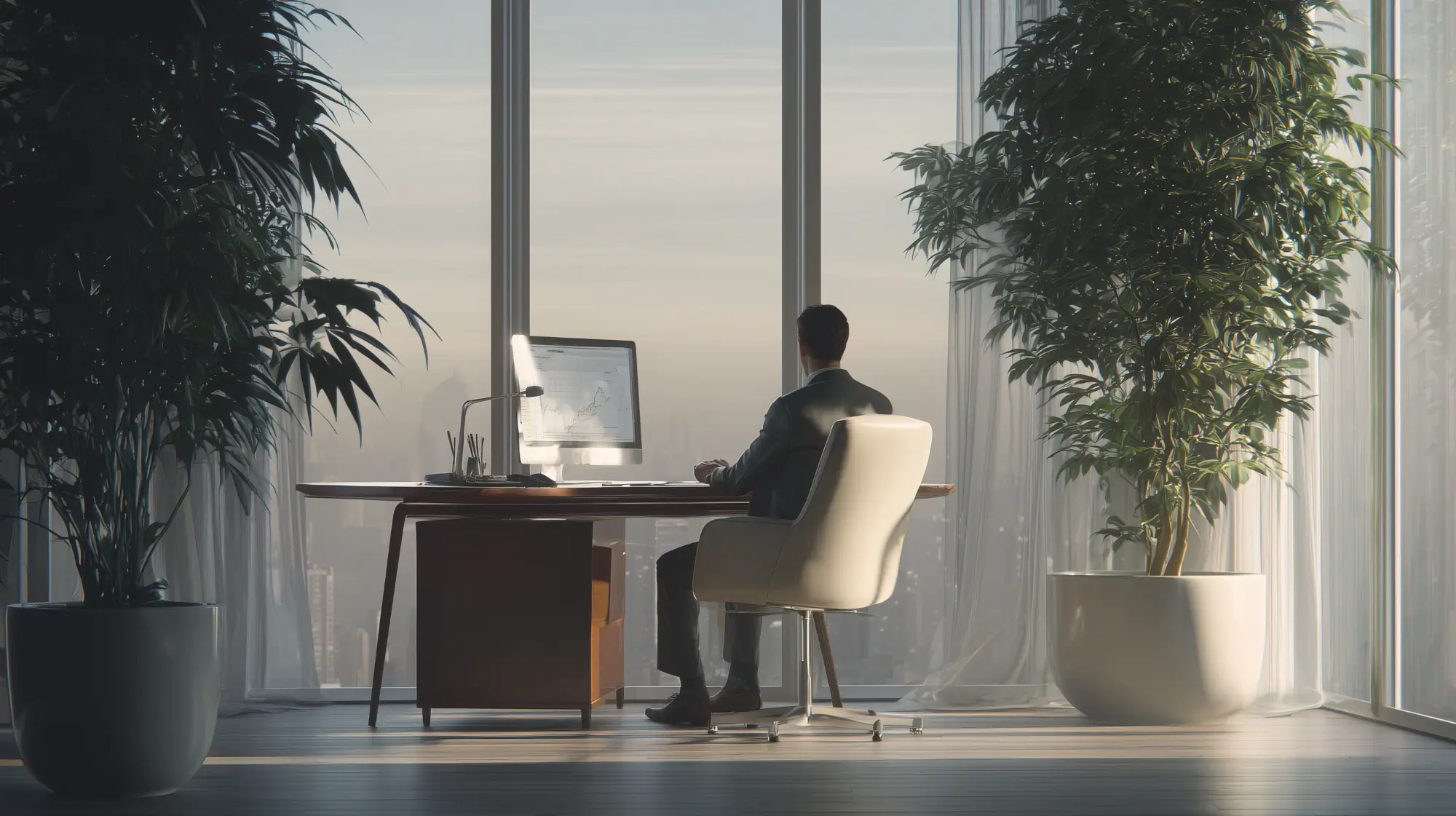 Illustration of an office worker working at a desk in an office.