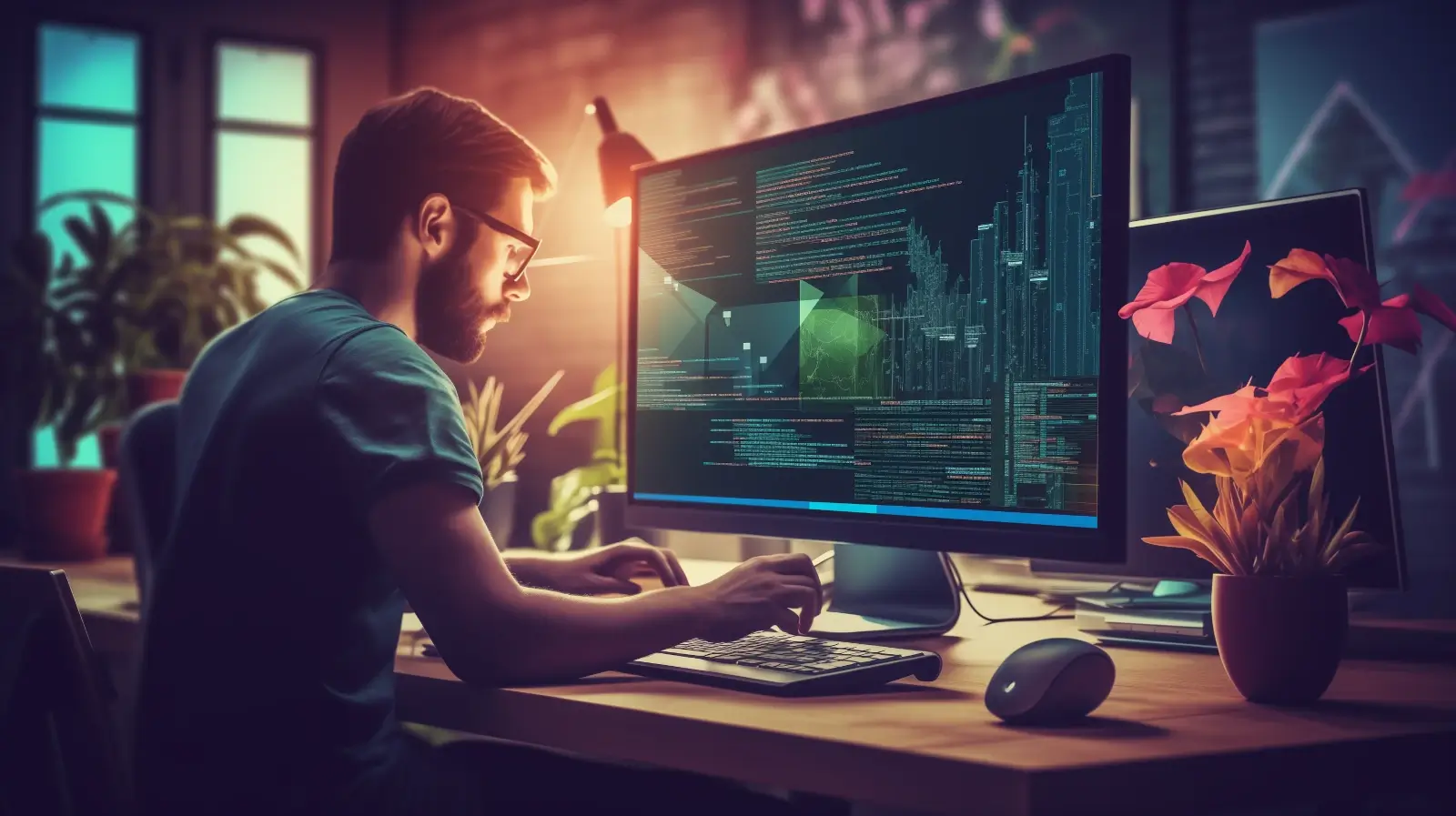 Colorful illustration of a programmer at his desk.