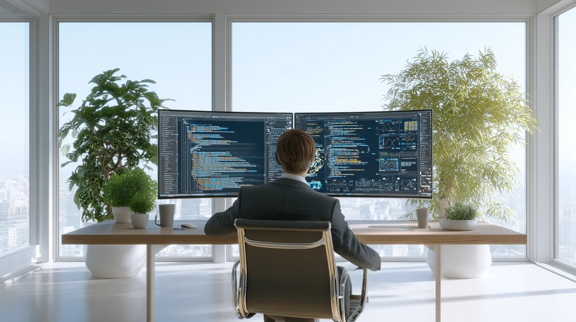 Illustration of a programmer working at a desk in a bright, airy, minimalist office with a plant on the desk.