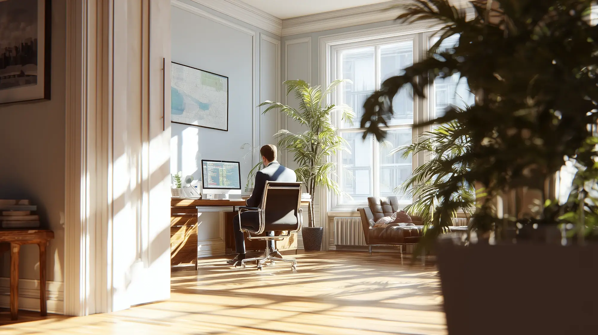 Colorful illustration of a bright, airy room with plants and a programmer working at his desk.