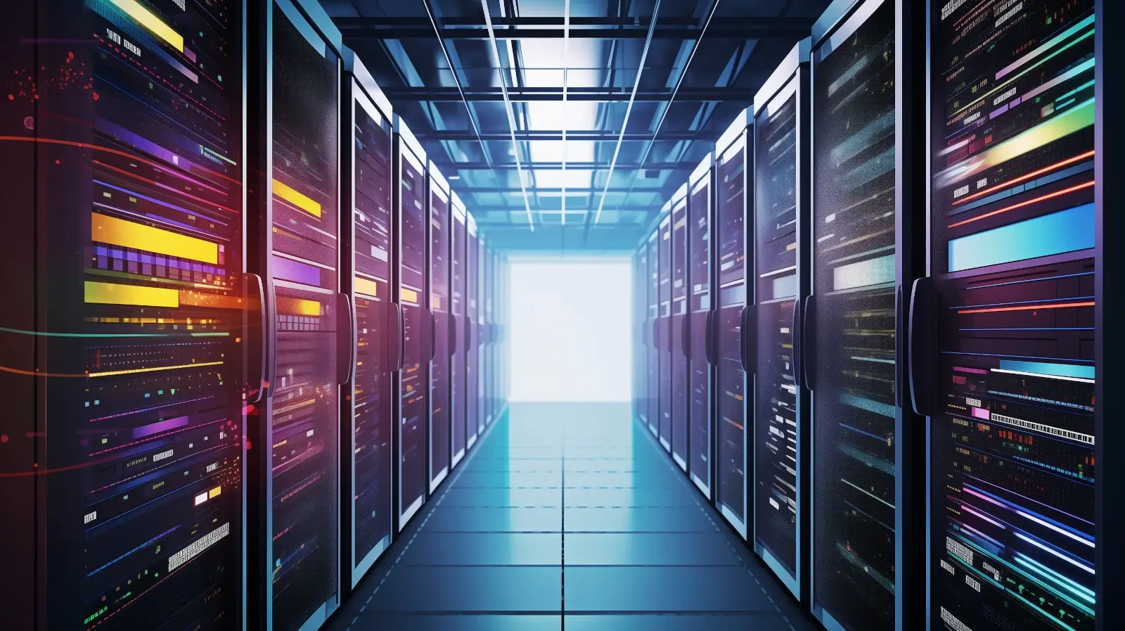 Colorful illustration of server racks in a datacenter.