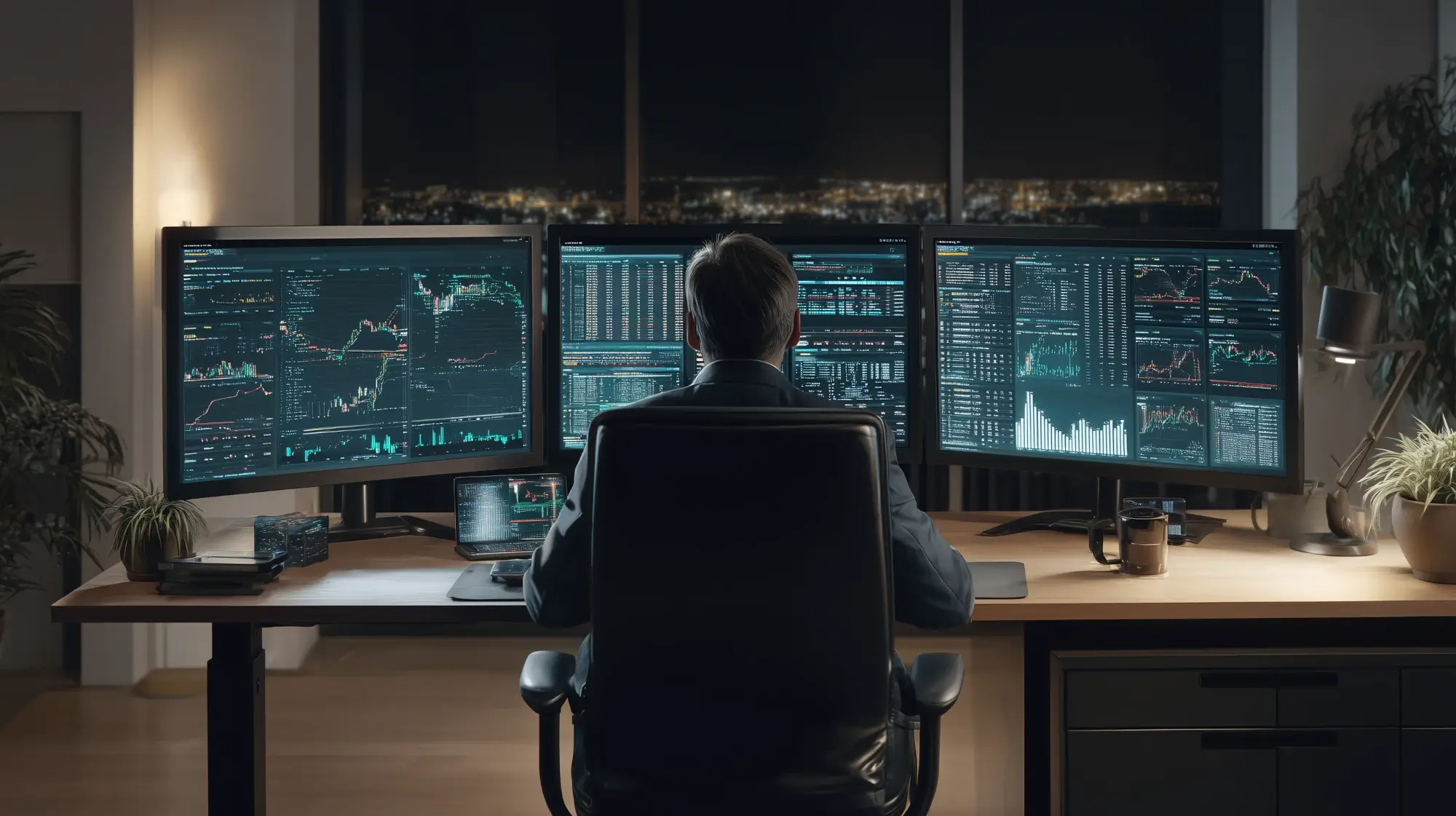 Illustration of a financial analyst working at a desk with monitors displaying financial trading info.