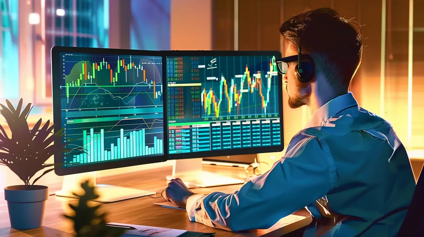 Colorful illustration of a financial analyst at a desk looking at computer screens.