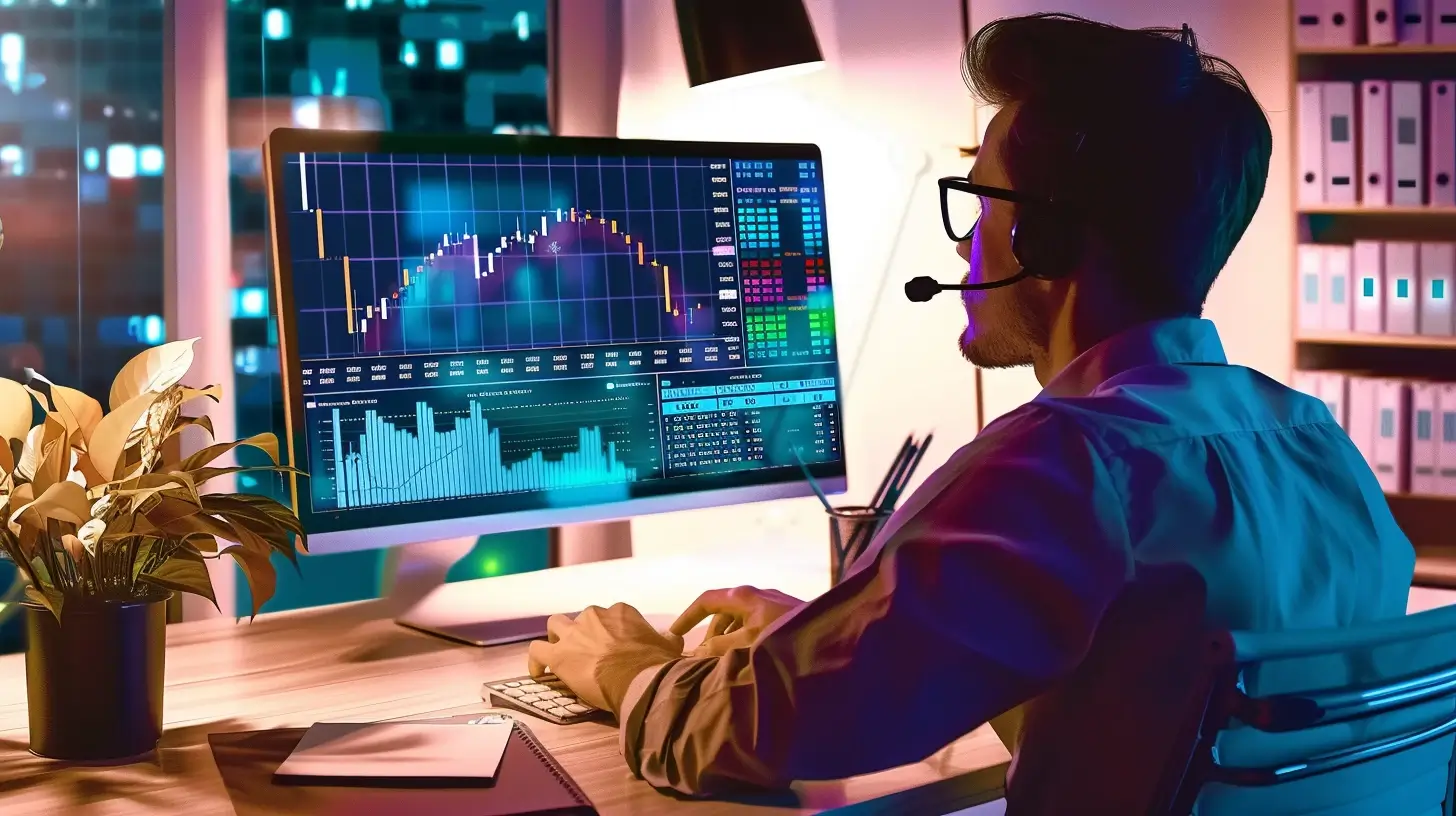 Colorful illustration of a financial analyst working at a desk looking at a computer monitor.