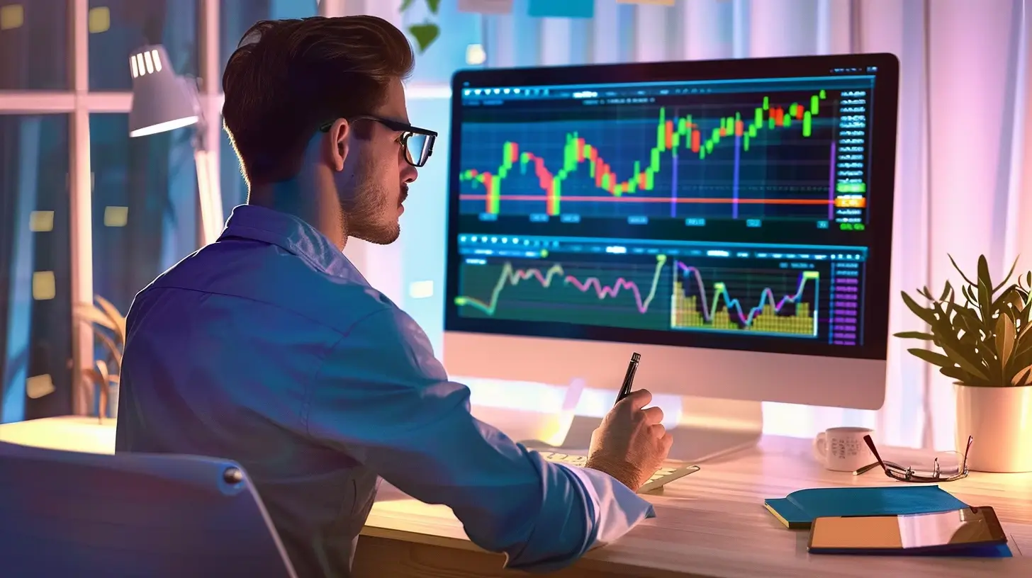 Colorful illustration of a financial analyst sitting at a desk looking at computer screens.