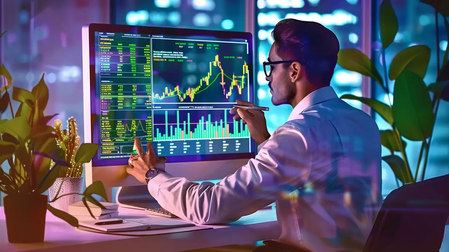 Colorful illustration of a financial analyst at a desk looking at monitors.