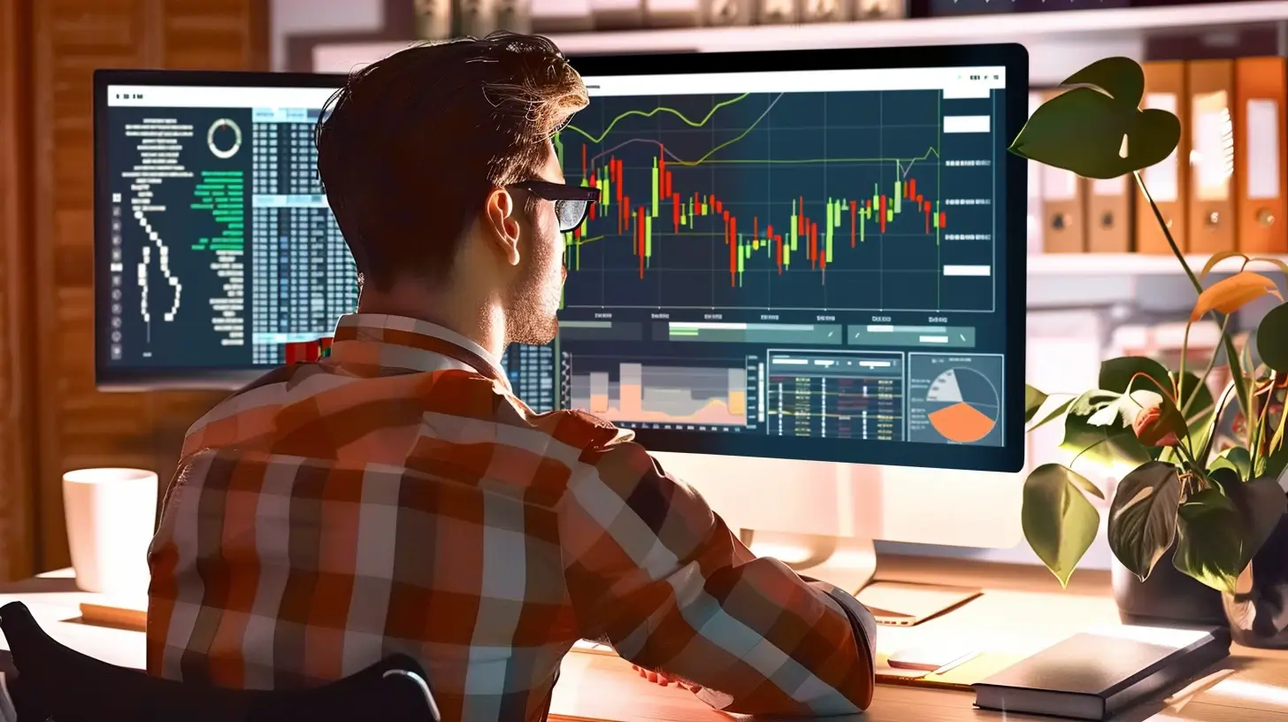 Colorful illustration of a financial analyst at a desk looking at computer monitors.