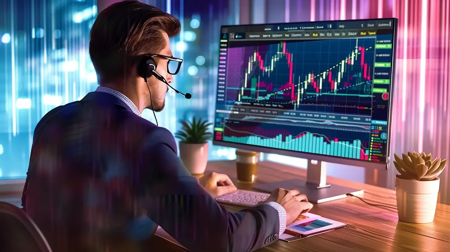 Colorful illustration of a financial analyst at a desk looking at financial data.