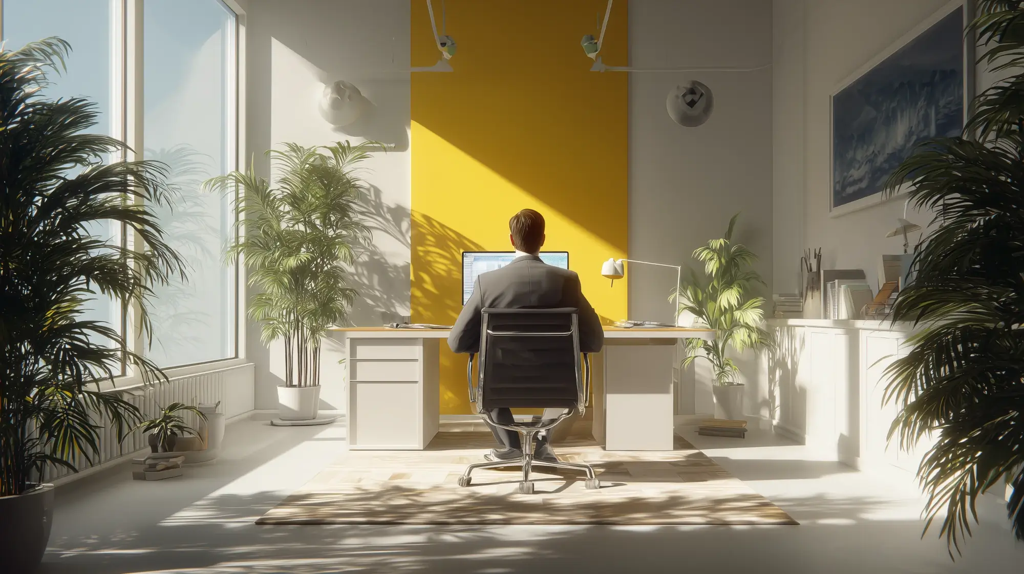 Colorful illustration of a programmer working in a bright office with a yellow accent wall, at a desk.