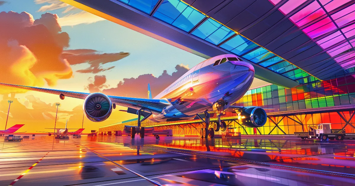 Colorful illustration of an airplane at an airport.