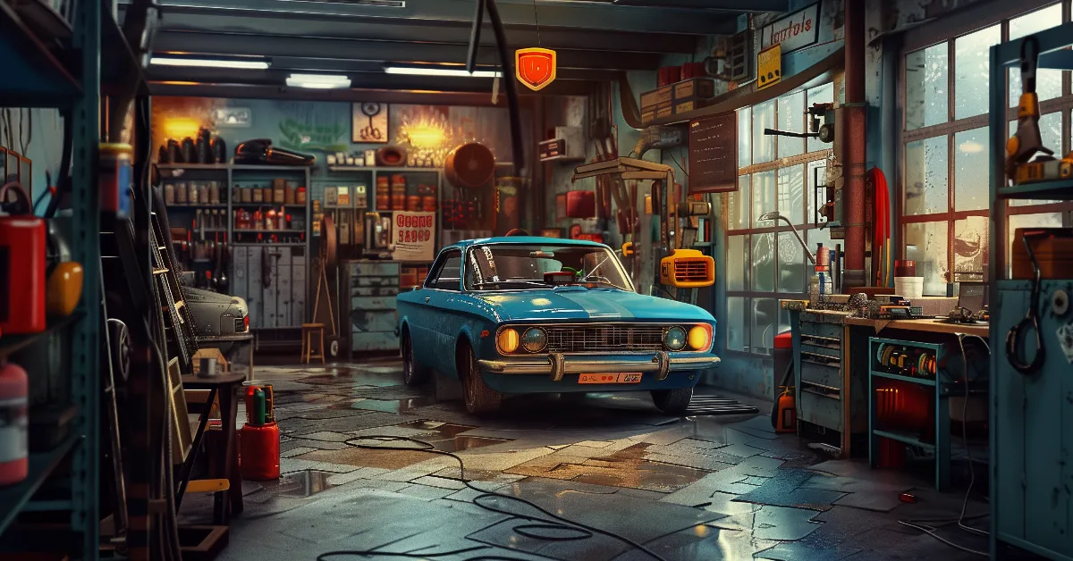 Colorful illustration of a car repair shop.