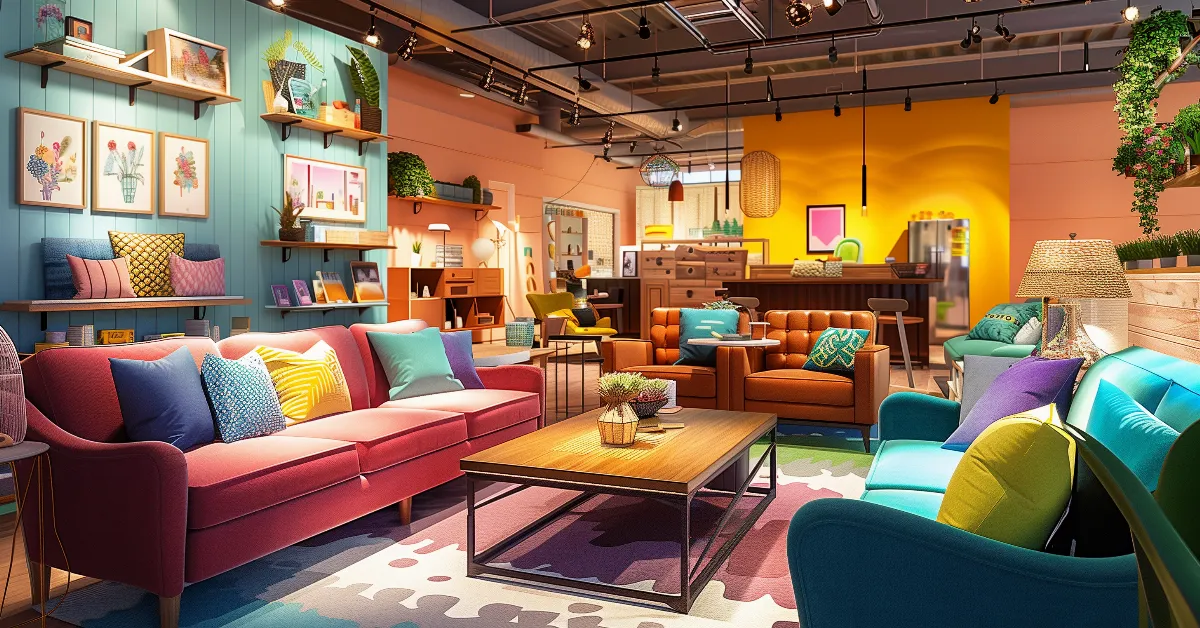 Colorful illustration of a furniture store.