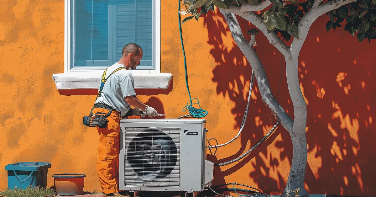 Colorful illustration of an HVAC technician working on an air conditioning unit on the exterior wall of a house.