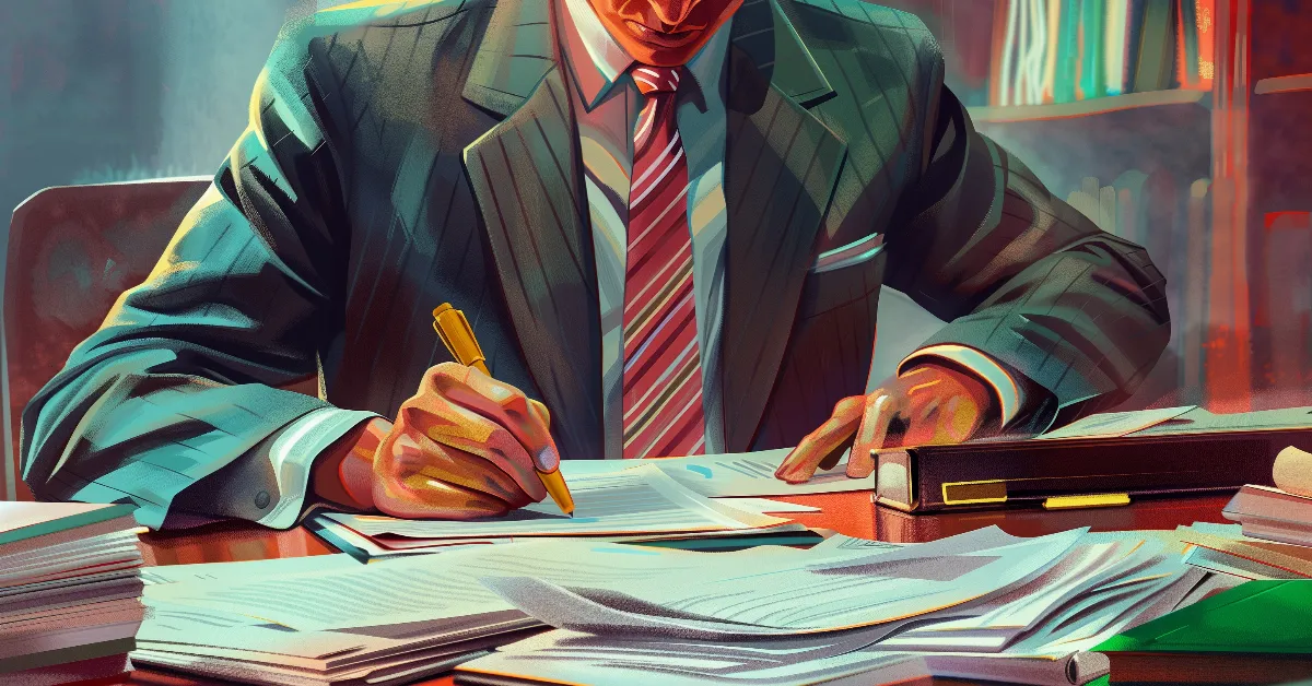 Colorful illustration of a lawyer in a suit working at a desk with a lot of papers.