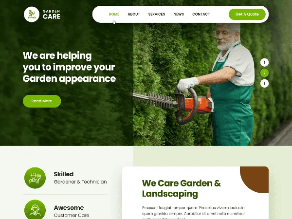 Garden Care Lite is a recommended free GPL-licensed WordPress theme available on wordpress.org.