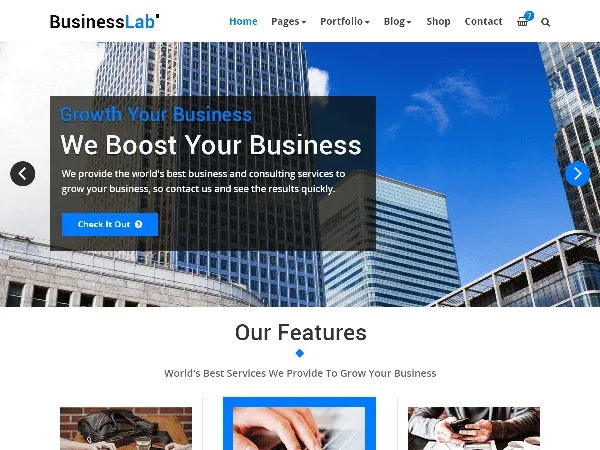 BusinessLab is a recommended free GPL-licensed WordPress theme available on wordpress.org.