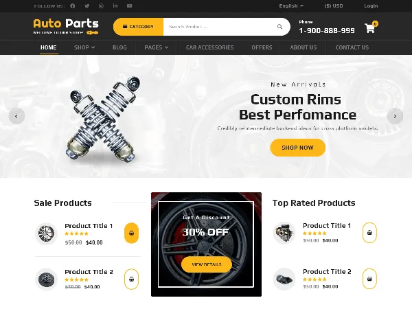 Auto Parts Garage is a recommended free GPL-licensed WordPress theme available on wordpress.org.