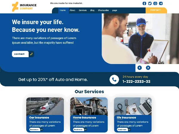 General Insurance Agency is a recommended free GPL-licensed WordPress theme available on wordpress.org.