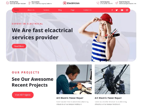Electrician Services is a recommended free GPL-licensed WordPress theme available on wordpress.org.
