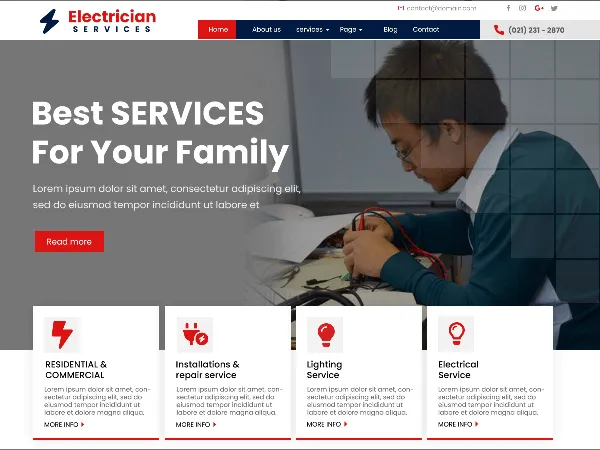 Perfect Electrician is a recommended free GPL-licensed WordPress theme available on wordpress.org.
