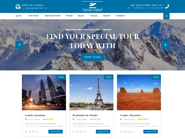 Travel Agent is a recommended free GPL-licensed WordPress theme available on wordpress.org.