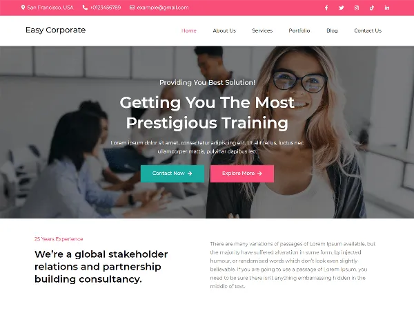 EasyCorporate is a recommended free GPL-licensed WordPress theme available on wordpress.org.