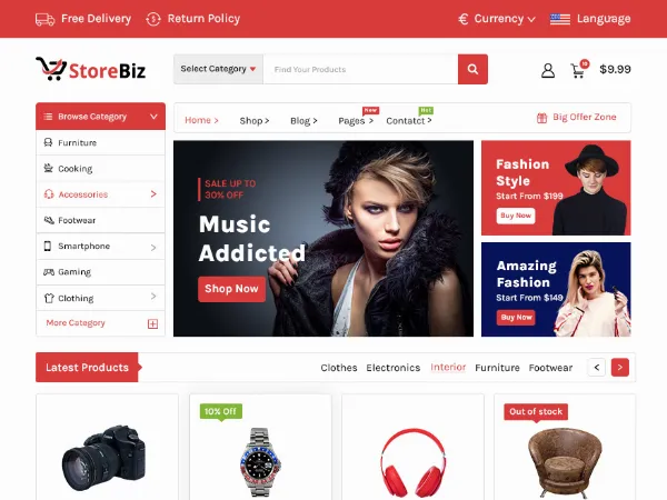 StoreBiz is a recommended free GPL-licensed WordPress theme available on wordpress.org.