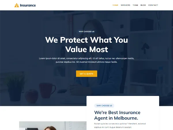 Kortez Insurance is a recommended free GPL-licensed WordPress theme available on wordpress.org.