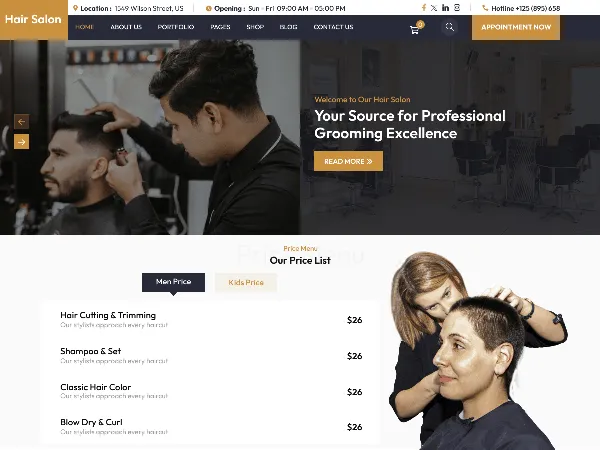 Omega Hair Salon is a recommended free GPL-licensed WordPress theme available on wordpress.org.