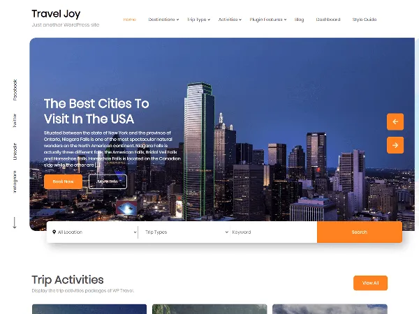 Travel Joy is a recommended free GPL-licensed WordPress theme available on wordpress.org.