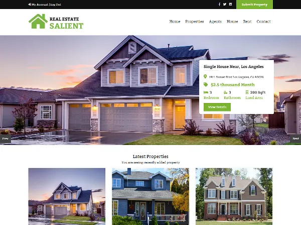 Real Estate Salient is a recommended free GPL-licensed WordPress theme available on wordpress.org.