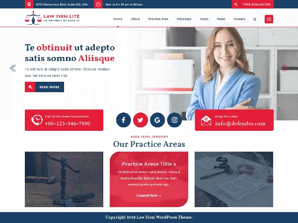 Law Firm Lite is a recommended free GPL-licensed WordPress theme available on wordpress.org.