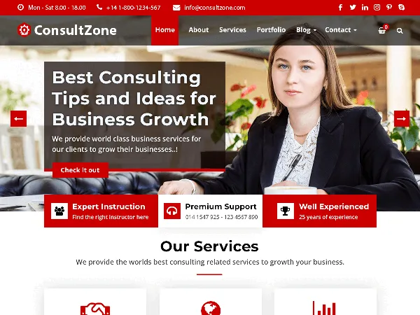 ConsultZone is a recommended free GPL-licensed WordPress theme available on wordpress.org.