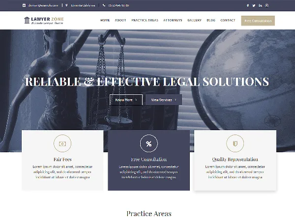 Lawyer Zone is a recommended free GPL-licensed WordPress theme available on wordpress.org.