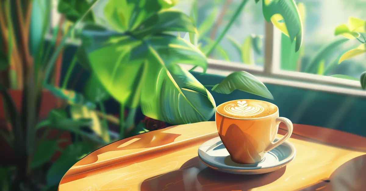 Colorful illustration of a cup of coffee in a coffee shop with lots of plants.