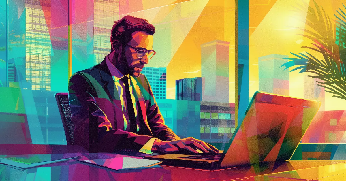 Colorful illustration of a consultant working at her desk on a laptop.