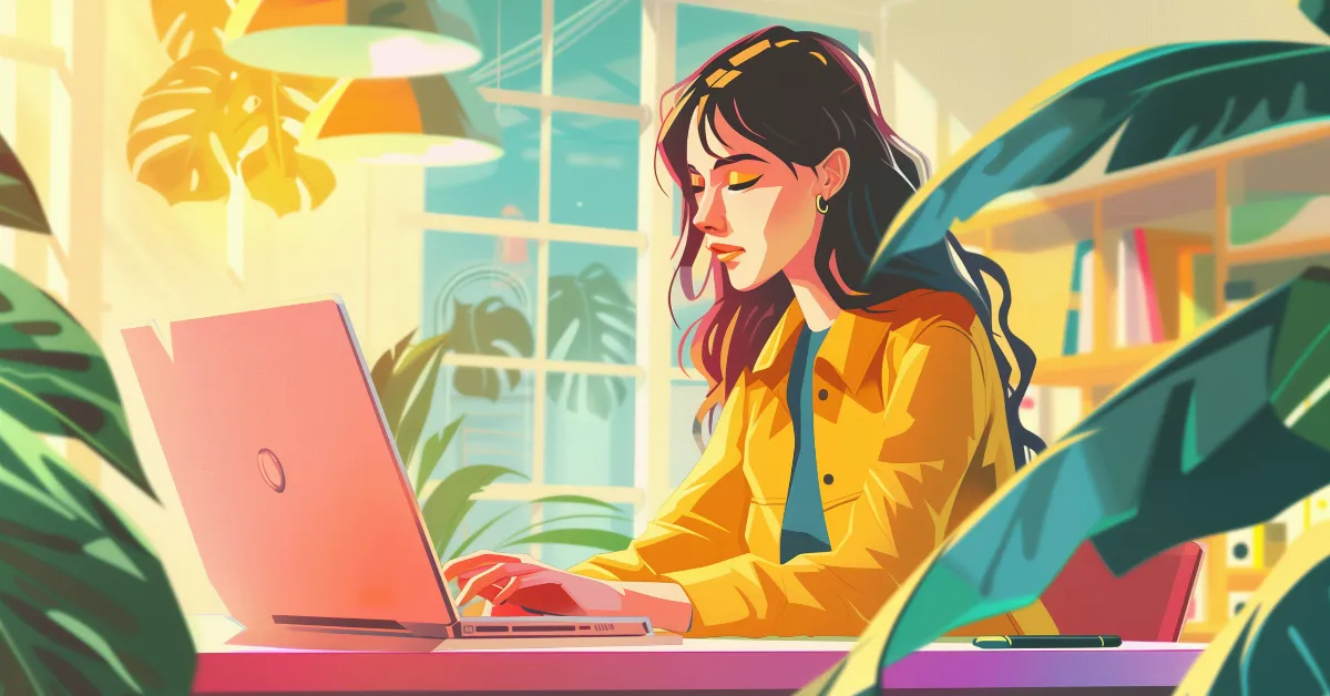 Colorful illustration of a female graphic designer working on a laptop in an office.