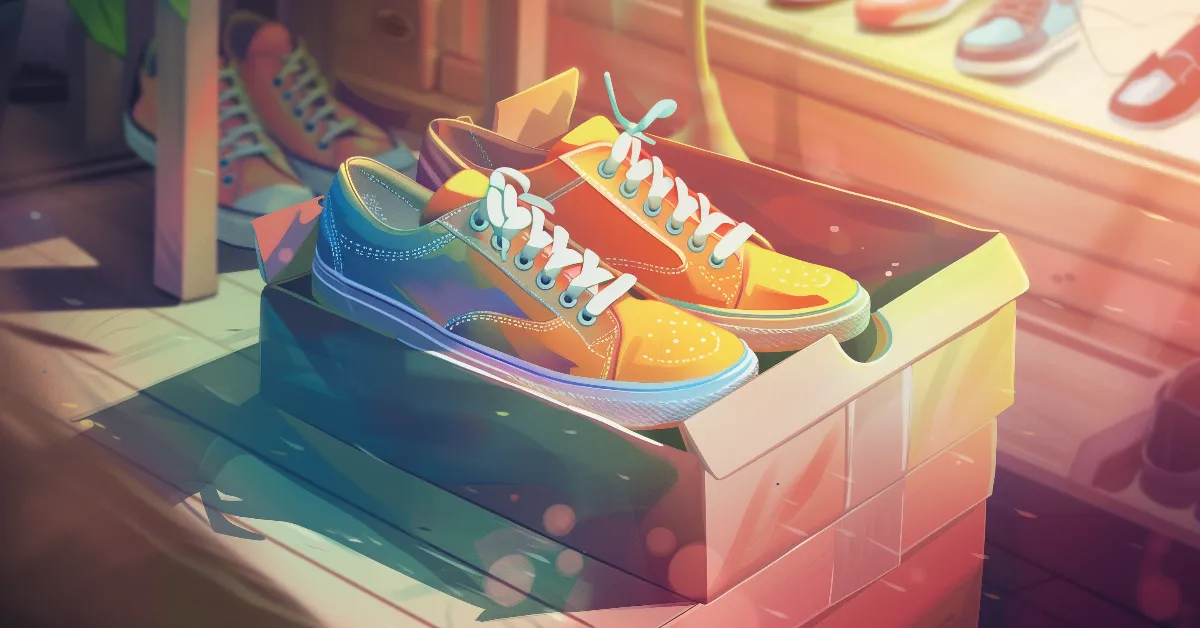 Colorful illustration shoes in a box at a shoe store.