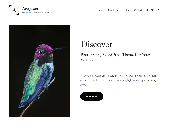 ArtsyLens is a recommended free GPL-licensed WordPress theme available on wordpress.org.