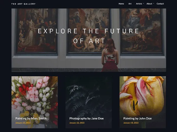 The Art Gallery is a recommended free GPL-licensed WordPress theme available on wordpress.org.