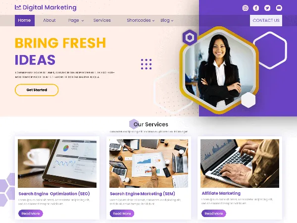 Digital Marketing Expert is a recommended free GPL-licensed WordPress theme available on wordpress.org.