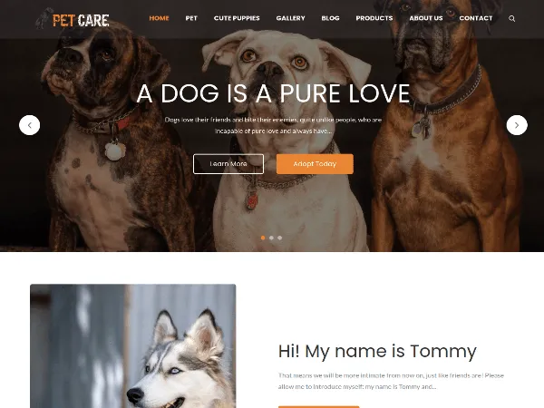 Pet Care is a recommended free GPL-licensed WordPress theme available on wordpress.org.